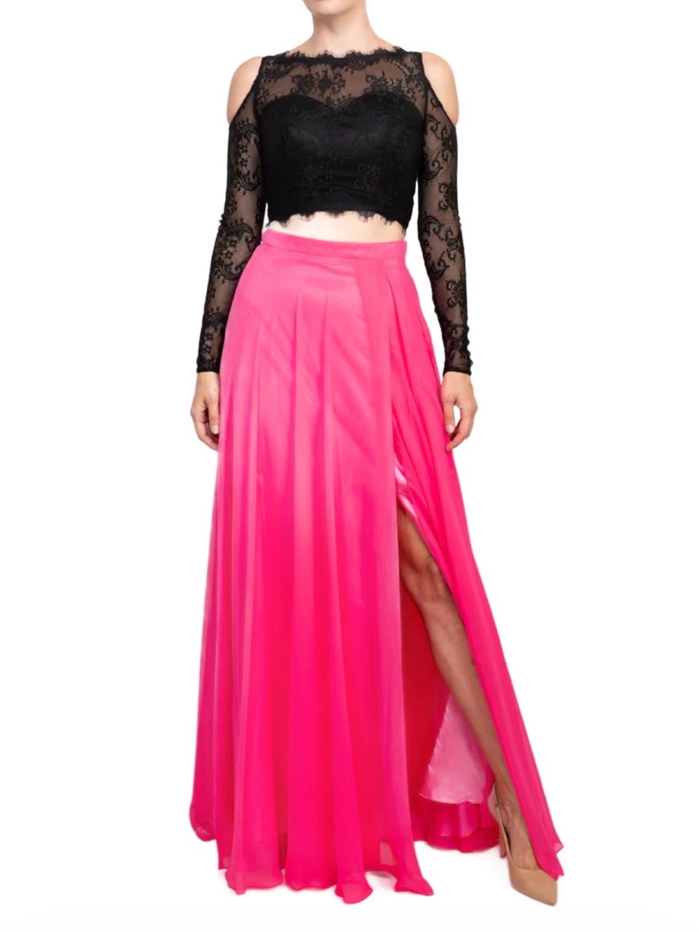 Dave & Johnny Scalloped Neck Cutout Shoulder Illusion Lace Bodice Chiffon Dress